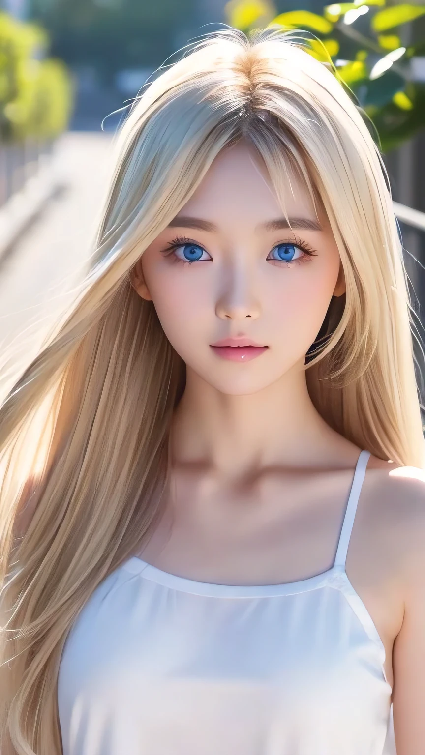 Shiny, clear, white skin、The blonde hair blowing in the wind falls over her pretty face、Colossal、Cute aged 16、Beautiful super long straight hair that stands out、Very bright, big eyes that shine so beautifully、Cute long silky bangs covering her eyes, Hair that covers the face, super long hair、Sexy cute young woman、Long natural blonde shiny hair、Small Face Beauty、Round face