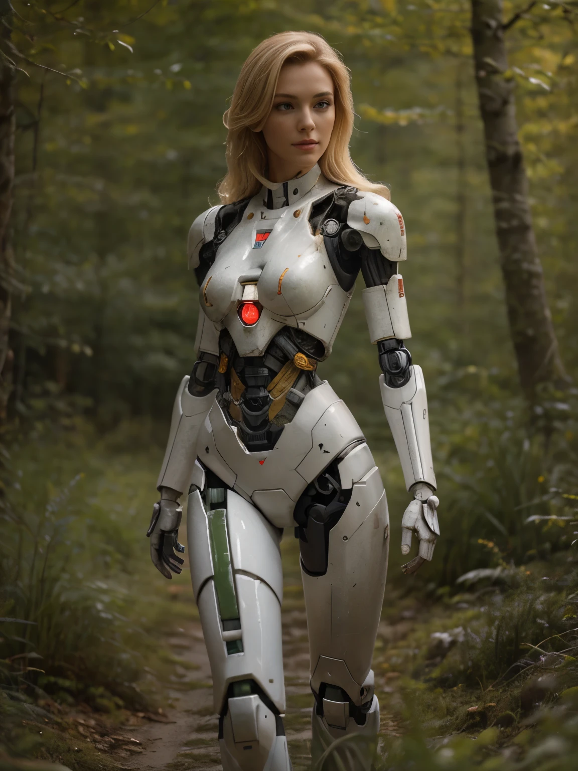 ((masterpiece, highest quality, Highest image quality, High resolution, photorealistic, Raw photo, 8K)), Abandoned robot soldier on battlefield, broken and immobile, rust and moss showing passage of time, female cyborg body, Blonde, female body, biomechanical , extra detailed body, blowjob white mech, white biomechanical details, detailed body, shiny white armor, cybernetic body, eva unit-00 on back, full body details,