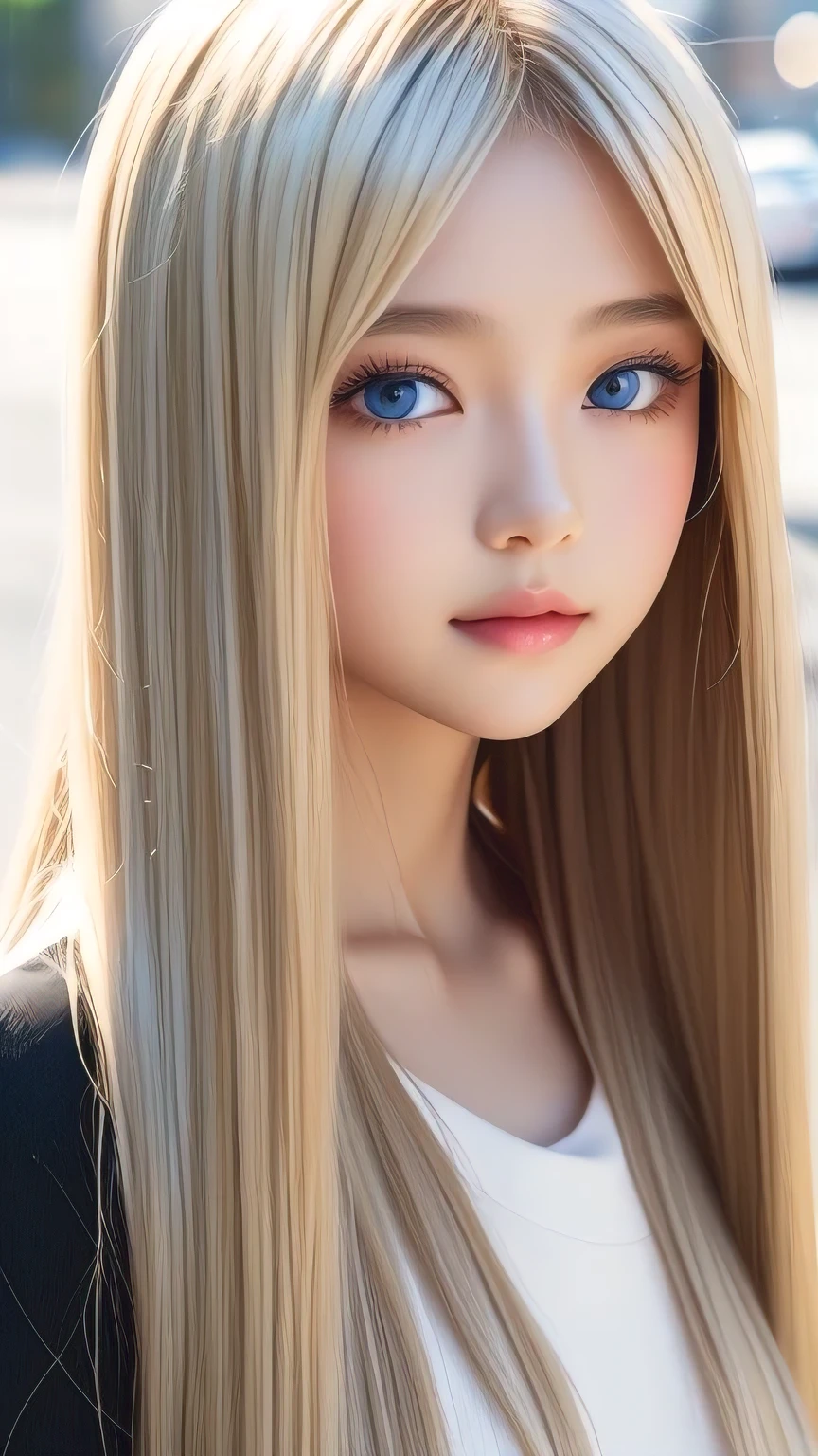Shiny, clear, white skin、The blonde hair blowing in the wind falls over her pretty face、Colossal、Cute 、Beautiful super long straight hair that stands out、Very bright, big eyes that shine so beautifully、Cute long silky bangs covering her eyes, Hair that covers the face, super long hair、Sexy cuoung woman、Long natural blonde shiny hair、Small Face Beauty、Round face