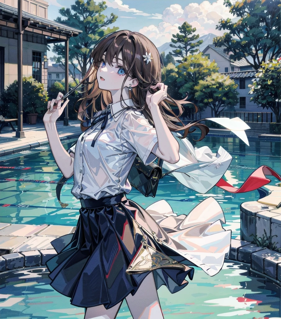 absurdres, RAW photo, extremely delicate and beautiful, masterpiece, Best Quality, ultra high resolution, 32k, hyperrealistic, ultra-detailed description, perfect anatomy, pale skin, 20 years old, detailed beautiful face and eyes, tearful mole, earring, short medium wavy hair, whole body, Korean , shirt, ribbon, skirt, bright brown hair, school poolside,