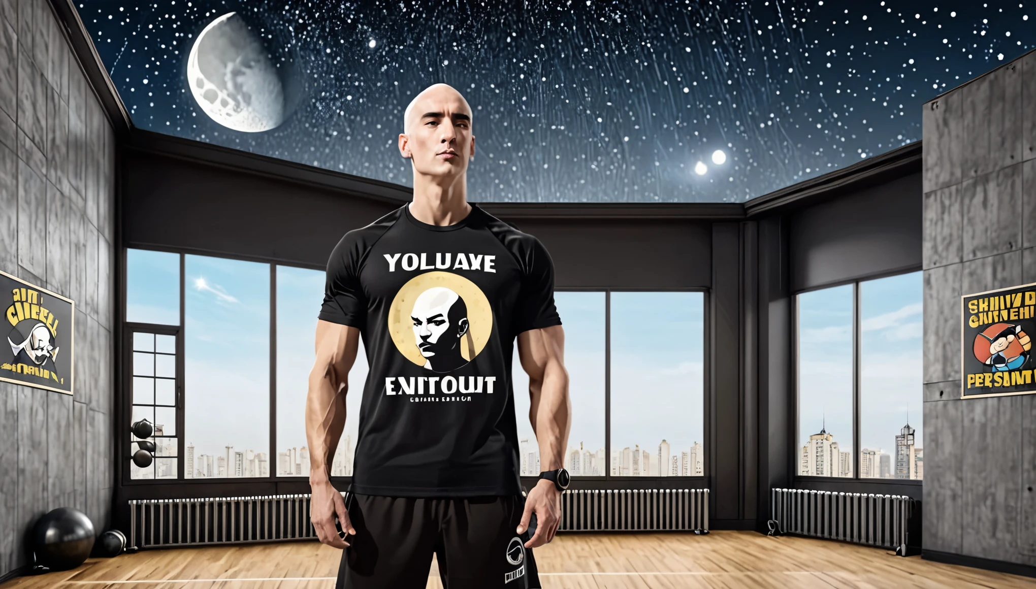 une salle de sport , minimaliste, design de old school gym, with large bay window,avec un croissant de lune dans le ciel . Un homme chauve bald shaved head, seul fin et musclé portant un short noir et un tshirt noir . Le personnage est placé à gauche de l'image.