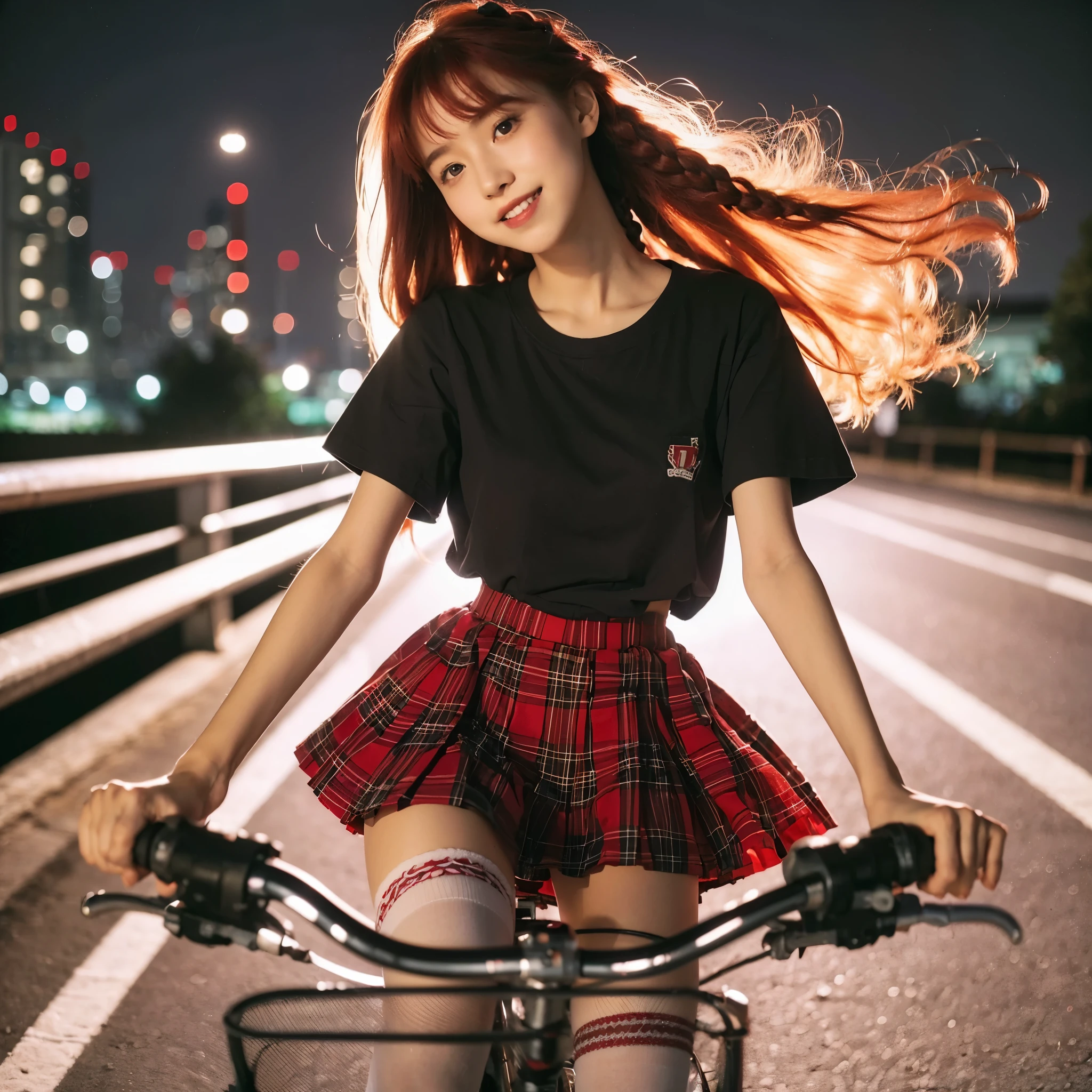 18 years old full body shoot riding a bicycle, hyper realistic photo,(((braid red hair))), riding a bicycle shoot from back, low angle, showing back body, rounded ass, teen goth japanese girl, black hair moving by winds, (8K, High resolution,ultra-quality, An ultra-high picture quality, Ultra realistic, Best Quality, master piece:1.2), (teenage girl japan), big breast, (((skirt lift by myself))), (lifted by self), little red tartan upskirt naturally by winds tease her cute pink panties from behind, blushing cheeks, moist shiny fair skin, detail pore texture facial, wearing very long oversize black t-shirt, very shorts skirt, white long socks with nike sneakers, eyes visible through hair, Proper eye position, Cinematic Light, Soft light,lower back, detailed color graded background, Convoluted, highly detailed,8K, Overall silhouette, night scene, gig stage concert environtment, high detailed, wallpaper quality, good anatomy, correct body, hand & fingers anatomy (lora:add_detail:0.8) night scene in japan neighborhood
