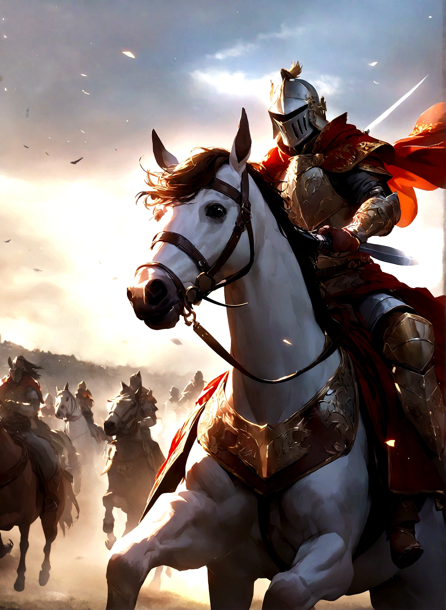 Brave Knight,horse riding,Hold a long knife in your hand,The background is a battlefield,Sunlight,Heroic and fearless,Gorgeous,Motion Graphics,Rich in details