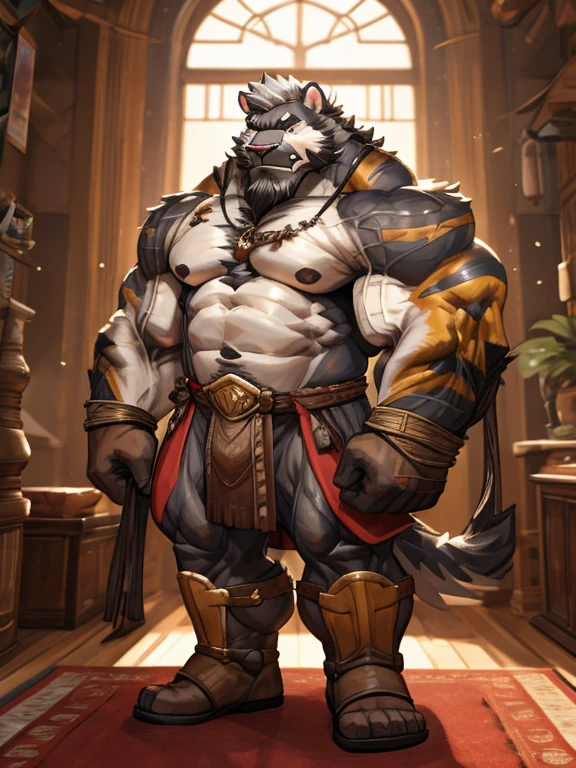 A burly, virile, and hairy dwarf, exuding the irresistible charm of a himbo muscle daddy. His middle-aged features, adorned by a long, bushy beard and a thick mustache, reveal a life of experience and adventure. His body, sculpted into a warrior's build and a bodybuilder's physique, is a testament to his unyielding dedication to physical fitness. The hair on his chest and belly forms a carpet of thick fur, while his hairy arms and legs are adorned with a natural, untamed layer of hirsute. Every muscle on his overmuscular and musclebound frame is defined and bulging, veins pulsing beneath the surface, hinting at his incredible strength. Despite his advanced age, his grey hair only adds to his handsome and dreamy appearance.