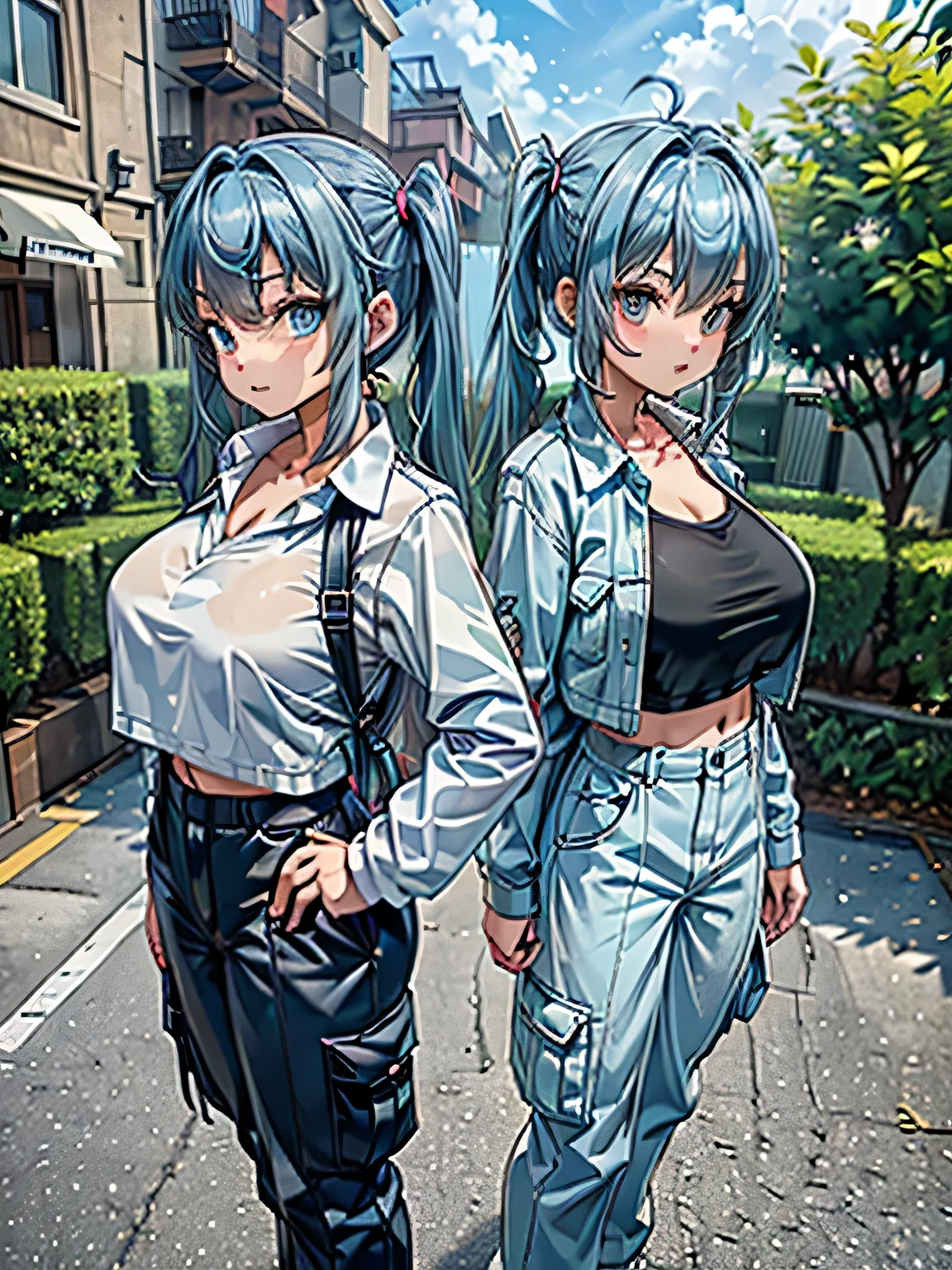 (((highest quality、8k、masterpiece：1.5)))、(Light blue hair、Twin tails、Street fashion、cargo pants、16 years old))、((Perfect Anatomy))、whole body、Facing forward、looking at the camera、Future Landscape