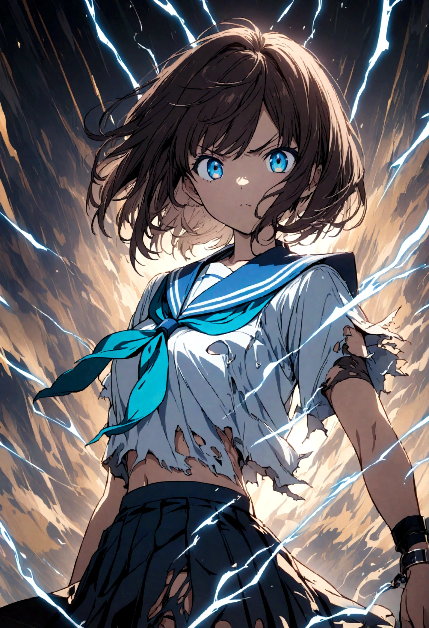 1girl, original, (solo:1.1), standing, raised fist,
surrounded by electricity, enveloped by electricity, dynamic scene,
cowboy shot,medium breasts, intricate dark brown hair, blue eyes,
(bob cut:1.1), (short hair:1.1), (blunt ends:1.2), blunt bangs,
left swept bangs, futuristic black bracelet on right wrist,
serious, determined, powerful, brave, dominant, v-shaped eyebrows,
serafuku, white sailor shirt, dark blue pleated skirt,
dark blue sailor collar, aqua neckerchief, short sleeves,
(torn clothes:1.2),.(torn shirt:1.1) showing the bra underneath,
(torn skirt), electricity, electricity on the bracelet,
glowing lines over body, lightning, (wind, whirlwind:1.2),
cinematic composition, epic composition, cinematic lighting,
outdoors, cinematic angle, great lighting, detailed shadows,
detailed body, anime artwork, anime style, key visual, vibrant,
studio anime, highly detailed, newest, late, anime coloring,
masterpiece, best quality, best aestethic,absurdres, 