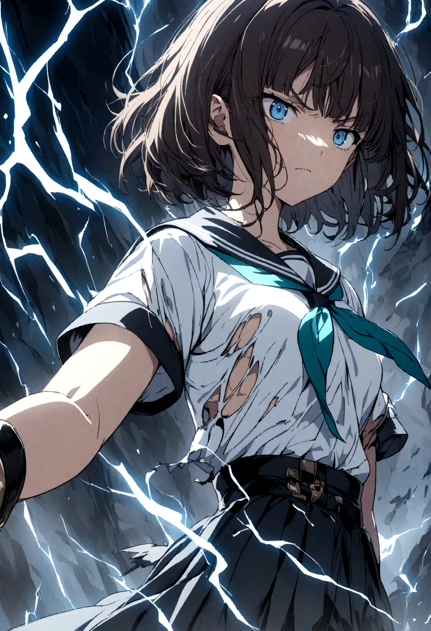 1girl, original, (solo:1.1), standing, raised fist,
surrounded by electricity, enveloped by electricity, dynamic scene,
cowboy shot,medium breasts, intricate dark brown hair, blue eyes,
(bob cut:1.1), (short hair:1.1), (blunt ends:1.2), blunt bangs,
left swept bangs, futuristic black bracelet on right wrist,
serious, determined, powerful, brave, dominant, v-shaped eyebrows,
serafuku, white sailor shirt, dark blue pleated skirt,
dark blue sailor collar, aqua neckerchief, short sleeves,
(torn clothes:1.2),.(torn shirt:1.1) showing the bra underneath,
(torn skirt), electricity, electricity on the bracelet,
glowing lines over body, lightning, (wind, whirlwind:1.2),
cinematic composition, epic composition, cinematic lighting,
outdoors, cinematic angle, great lighting, detailed shadows,
detailed body, anime artwork, anime style, key visual, vibrant,
studio anime, highly detailed, newest, late, anime coloring,
masterpiece, best quality, best aestethic,absurdres, 