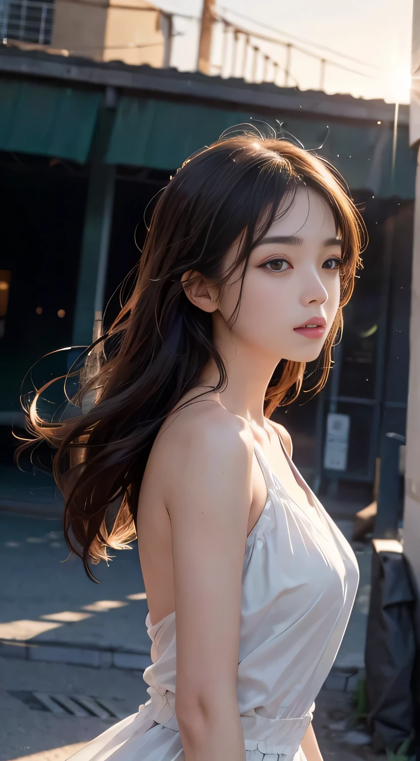 (1 Girl:1.3), Solitary,__body parts__, Official Art, Unity 8k Wallpaper, Super detailed, beautiful and aesthetic, beautiful, masterpiece, best quality, Raw, masterpiece, Ultra-detailed photos,, best quality, Ultra-high resolution, Reality, Sunlight, Full body portrait, stunningly beautiful,, Dynamic poses, Delicate face, Vibrant eyes, (side view), She's wearing a futuristic Iron Man mecha, Red and Gold, Highly detailed abandoned warehouse background, Delicate face, Detailed complex busy background, messy, Gorgeous, milky, High Detail Skin, Realistic skin details, Visible pores, Clear focus, Volumetric fog, 8K Ultra HD, Digital SLR Camera, high quality, Film Grain, White skin, Photorealism, Rama Photography, A sprawling metropolis in a dystopian future, view from below, translucent