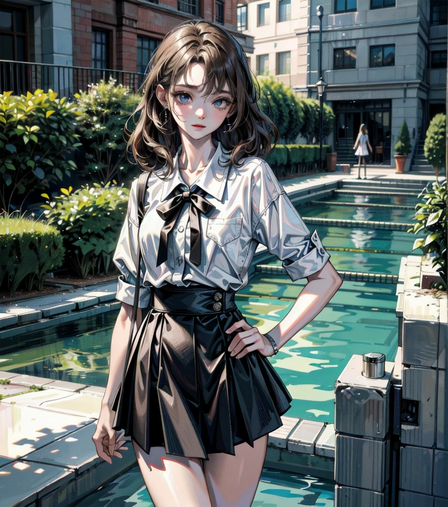 absurdres, RAW photo, extremely delicate and beautiful, masterpiece, Best Quality, ultra high resolution, 32k, hyperrealistic, ultra-detailed description, perfect anatomy, pale skin, 20 years old, detailed beautiful face and eyes, tearful mole, earring, short medium wavy hair, whole body, Korean ,  shirt, ribbon, skirt, bright brown hair, school poolside,