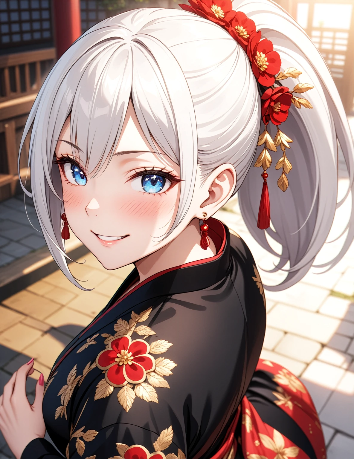 ((One personの女性)), Beautiful Face, ((smirk)), (head tilt), ((Wink:1.7)), Laugh with your mouth wide open,((Bright red cheeks:1.4)),Shiny red lips,night,coastal,You can see the ocean, firework,Laughing with your mouth open,Glossy pink lips,Facial lighting,((Anime style background)),masterpiece, Highest quality, so beautiful,up to date, Complex details, (Pink long nails), (4fingers and 1thumbs), (ring),(bracelet),(choker),AI-generated, Complex,High resolution, Highest quality, super high quality,3D Images、3D Images,One person,Long white hair,High Ponytail,(blue eyes),Anime woman posing for a photo, ((Fine grain、Silvery white colorful eyes、Shining Eyes:1.3)),(Squint your eyes:1.1),a hyperRealistic , hyperRealistic , Realistic,Anime woman with long white hair, Smooth anime CG art, A woman in a colorful kimono with gold embroidery, (Black long sleeve kimono),Red floral pattern,Long flower hair ornament,Earrings,Mature Body,(Big Breasts:1.1),Tall,Abdominal muscles,Narrow waist,(Zoom up to face:1.5),