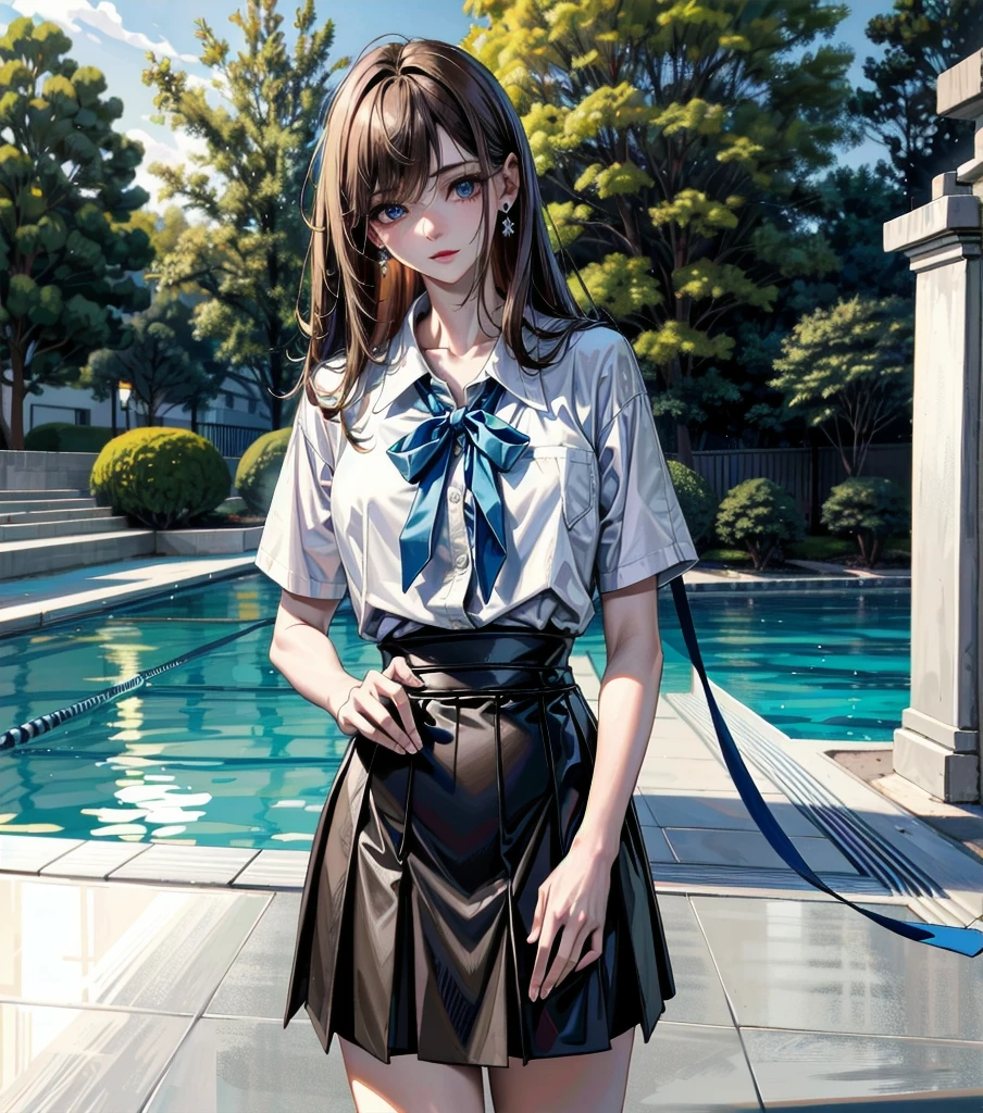 absurdres, RAW photo, extremely delicate and beautiful, masterpiece, Best Quality, ultra high resolution, 32k, hyperrealistic, ultra-detailed description, perfect anatomy, pale skin, 20 years old, detailed beautiful face and eyes, tearful mole, earring, short medium wavy hair, whole body, Korean ,  shirt, ribbon, skirt, bright brown hair, school poolside,