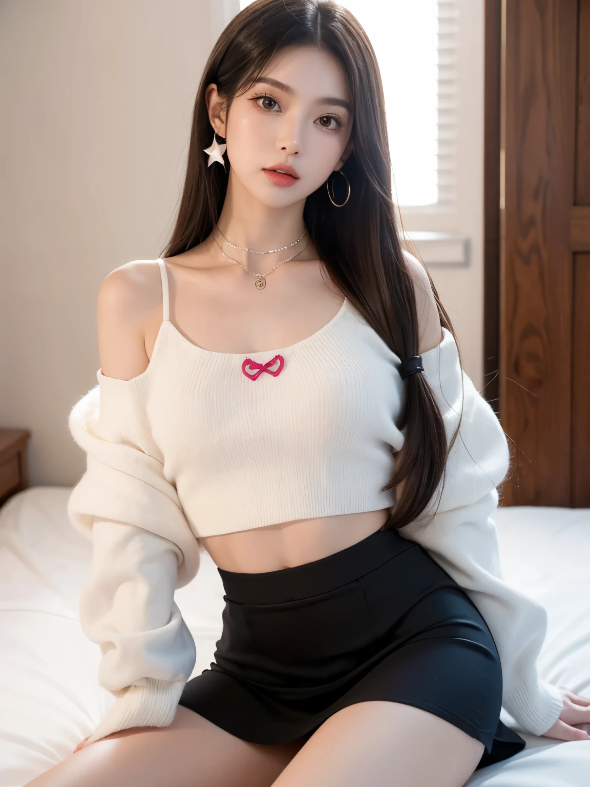 Kim Jennie with white brown hair, con rulos en las puntas, with two bows on each side of the hair, all her hair white brown, with a star clip in her white brown hair, ojos de color claro, ojos bonitos, ojos llorosos, nariz bonita y respingada, nariz lloroso, labios bonitos, labios rosas, heart and cupid shaped lip, piel bonita, pale, piel blanca, con lunares y pecas en todo el rostro, rubor rosa suave en las mejilla, rubor rosa natural, maquillaje suave y rosa, jennie, cuello bonito, cuello marcado, frown, mirada tierna, con un collar de beso, un collar bonito de beso, parecido a Yumeko Jabami, mientras lleva puesto un Crochet YK2, de lana, with a YK2 style brown mini skirt, mientras lleva una casaca con estampados de ositos, mientras tiene el abdomen desnudo, delgado, marcado y bonito, (pechos grandes, pechos suaves, pechos bonitos), mientras esta haciendo cospaly del personaje Yumeko Jabami, del anime Kakegurui, mirando a la camara, autofoto, selfie bonita