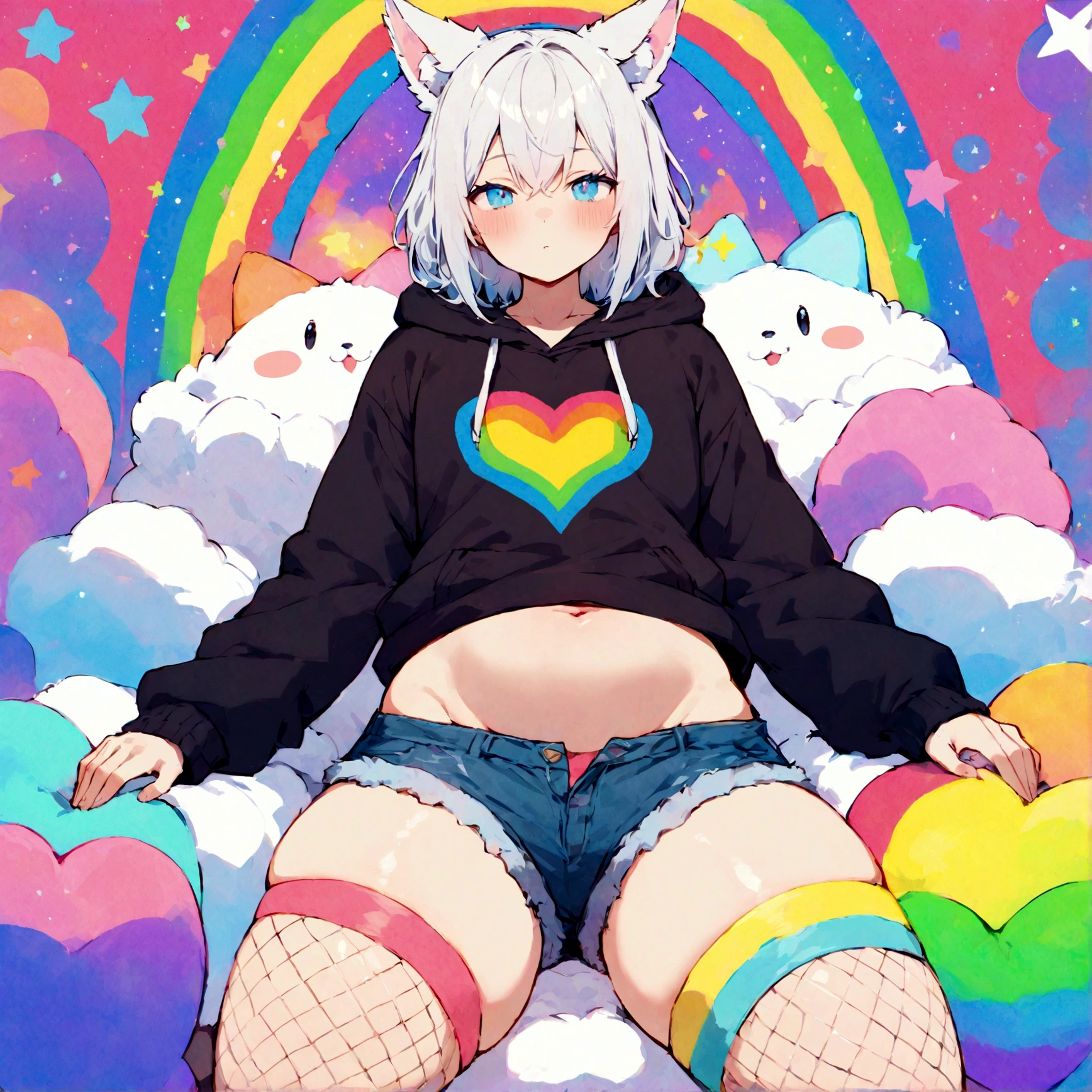 a cute adult male with wolf ears, white hair, has a wolf tail, wearing a loose cropped oversized black hoodie, wearing a pair of denim short shorts and fishnet stockings, thick thighs, wide hips, relaxing on mound of fluffy multi colored kawaii plushies, short, very slim, showing slender tummy, stretching out, heart on hoodie, squishy thighs, has glowing blue eyes. alone, solo (ALONE)(SOLO), surrounded by rainbows, colorful galaxy backround