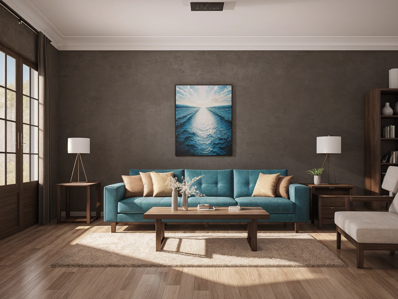 ((Photorealistic)); ((masterpiece)); interior design; Modern living room; Ultra detailed furniture; 4K resolution; High resolution textures