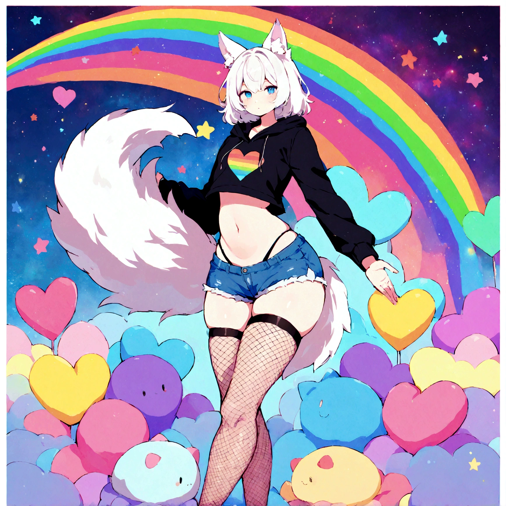 a cute adult male with wolf ears, white hair, has a wolf tail, wearing a loose cropped oversized black hoodie, wearing a pair of denim short shorts and fishnet stockings, thick thighs, wide hips, relaxing on mound of fluffy multi colored kawaii plushies, short, very slim, showing slender tummy, stretching out, heart on hoodie, squishy thighs, has glowing blue eyes. alone, solo (ALONE)(SOLO), surrounded by rainbows, colorful galaxy backround