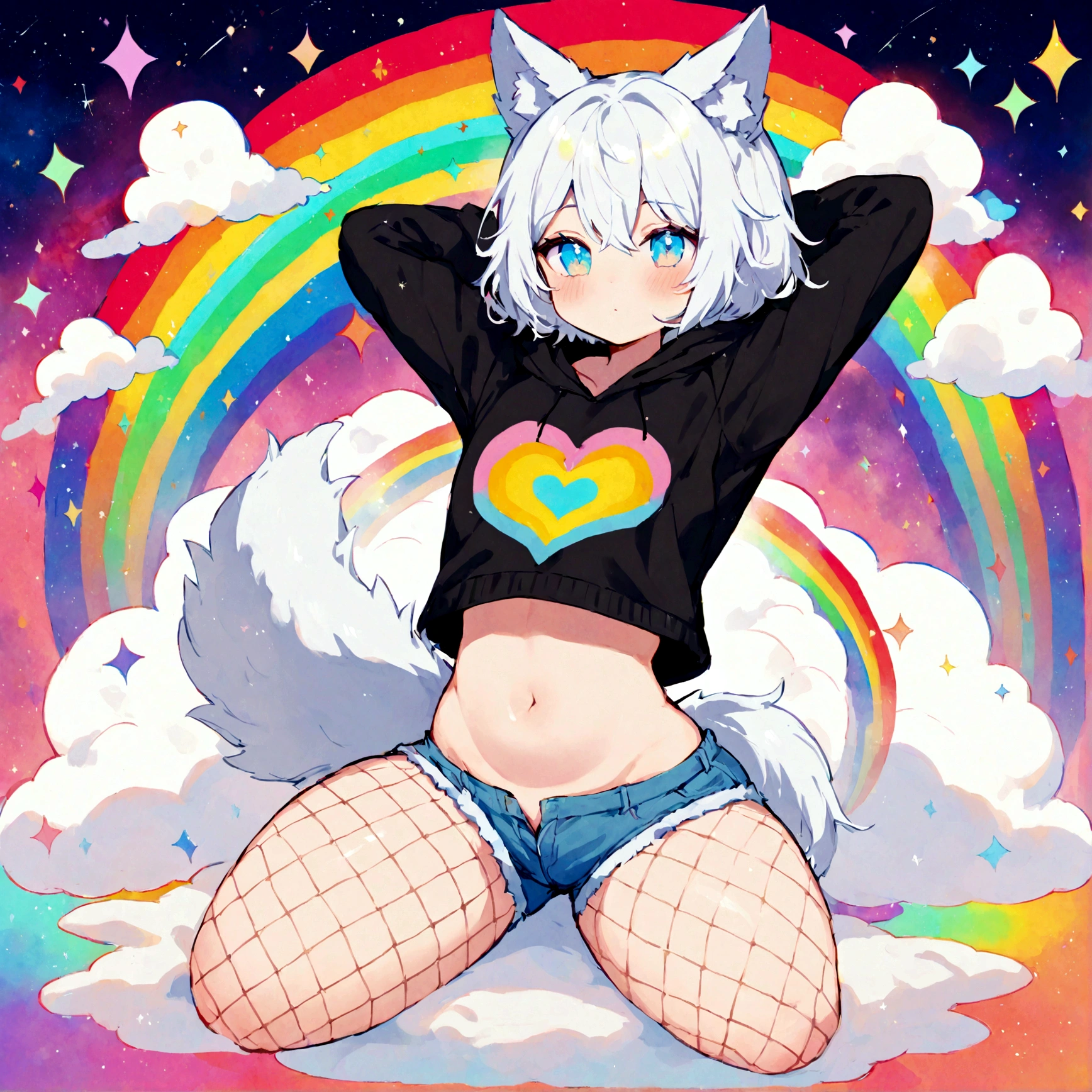 a cute adult male with wolf ears, white hair, has a wolf tail, wearing a loose cropped oversized black hoodie, wearing a pair of denim short shorts and fishnet stockings, thick thighs, wide hips, relaxing on mound of fluffy multi colored kawaii plushies, short, very slim, showing slender tummy, stretching out, heart on hoodie, squishy thighs, has glowing blue eyes. alone, solo (ALONE)(SOLO), surrounded by rainbows, colorful galaxy backround