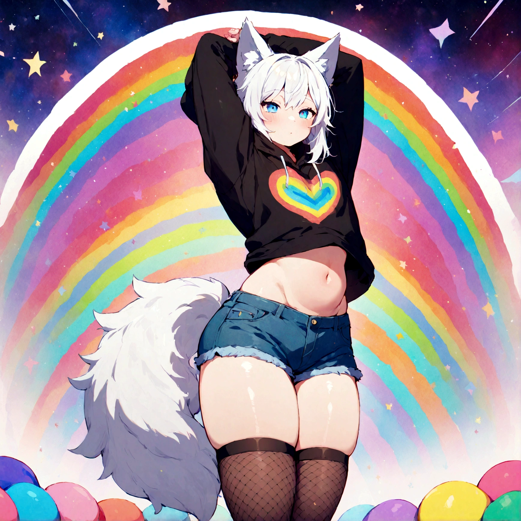 a cute adult male with wolf ears, white hair, has a wolf tail, wearing a loose cropped oversized black hoodie, wearing a pair of denim short shorts and fishnet stockings, thick thighs, wide hips, relaxing on mound of fluffy multi colored kawaii plushies, short, very slim, showing slender tummy, stretching out, heart on hoodie, squishy thighs, has glowing blue eyes. alone, solo (ALONE)(SOLO), surrounded by rainbows, colorful galaxy backround