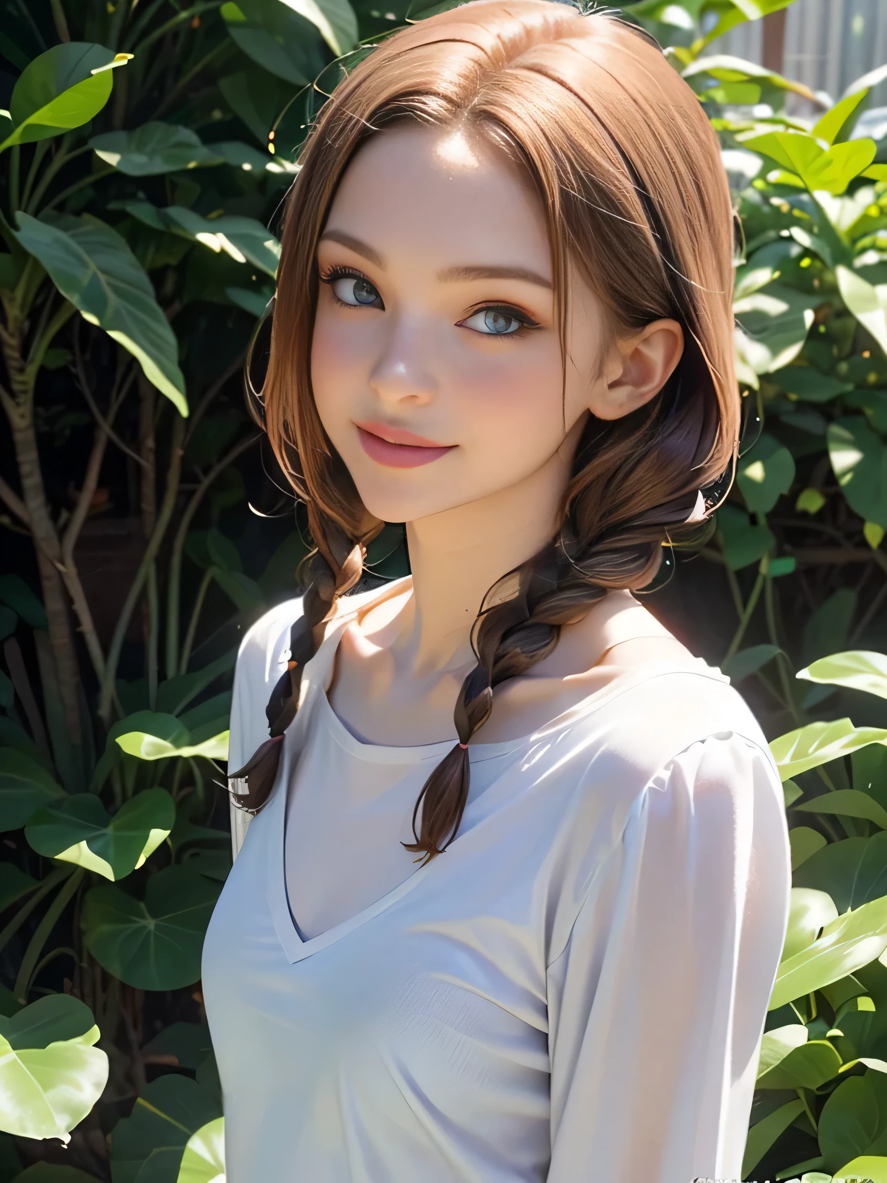 (photorealistic:1.5), (solo, one girl:1.5),(shine a bright light on women),(ultimate beautiful girl:1.5),(shiny skin),(oily skin),(red Hair:1.3),(Long braids Hair:1.3),(use pink glossy lips),(healthy body),(sweet smelling girl),(virgin girl:2.0),chuuChloe,(clean girl),(cute:1.3),(relaxing time:1.5),(Sexy lips),(ultra sexy1.5),(very happy),flowers,(very large eyes:1.5),(high nose),(sheer Crew neck shirt),(thin clothes),(Are thin),(animation face:1.5),(elegant),(Small breasts:1.5),(flat chest:1.5),(Pure and untainted),(smile:1.5)