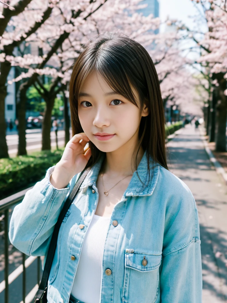 Photoreal, 8K full-length portrait, Beautiful woman, attractive look, Clear system, 16 years old, Tokyo, In 2024, spring, Shibuya in the background