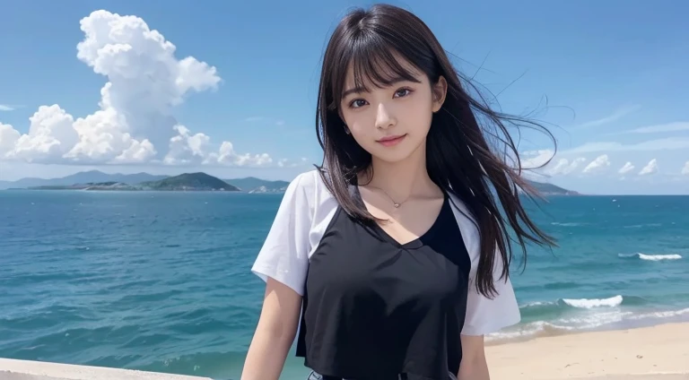 8K、Detailed Description、Very high definition、Realistic、reality的、Real、live-action、reality、High resolution、Nogizaka46、japanese idol,beautiful girl、21 years old、Dark brown eyes、sunny、summer、blue sky、View of the sea、Are standing、Back view、look back、smile,closed mouth,cropped shirt,pleated skirt,forehead,silky hair,Straight Hair、light smile,closed mouth,arm behind back,Knee-up-top angle of view、Back view、look back、Very black hair、pretty girl、Beauty、Glowing Skin、Glowing Skin、Shiny Hair、Hair blowing in the wind、Very white skin、Heavy makeup、Large Breasts、Slit eyes、Big Eyes、Dark brown eyes、Double eyelids、Don't show your teeth、Parting her bangs、Show your forehead、Put your hands behind your back