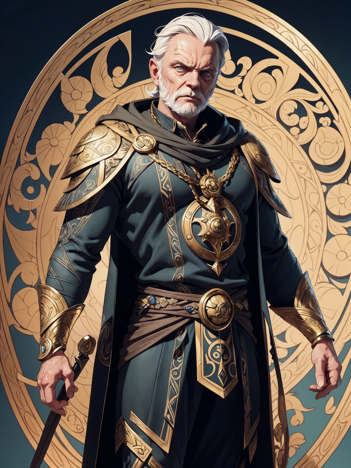 ((Art Nouveau Style)); Anthony Hopkins as Marvel Comics Odin in a stoic pose; ((Traditional Odin outfit)); standing; ultrarealistic skin, ultrarealistic face; ultrarealistic body; ((ultrarealistic gold ornaments)); detailed skin; ultra detailed eyes; ultra detailed face; full body symmetrical with thick lines, Fibonacci, golden ratio, 3D metal structure tessellation, neural graphic, neurons, color, love, passion, incredibly detailed, 8k, masterpiece, artstation, surreal