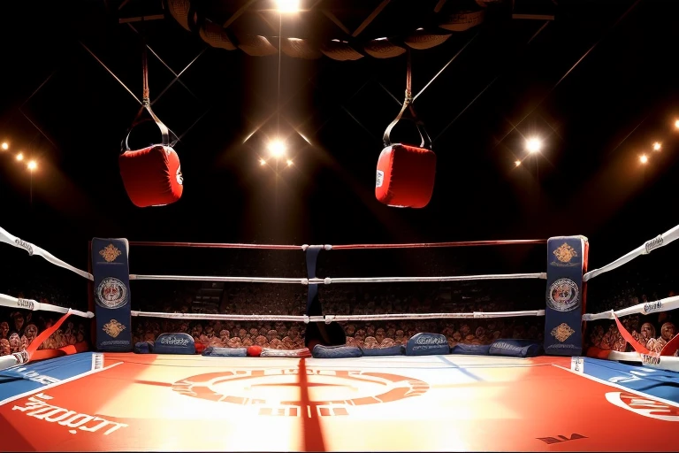 boxe ring with lights and ropes, boxe ring sol blanc coin rouge et sol blanc sol, fond d' Boardwalk Hall Atlantic City, Ring de boxe avec le sol blanc et les coins rouge, scene background Boardwalk Hall d'Atlantic City, toile de fond Boardwalk Hall Atlantic City, Boardwalk Hall in a boxe ring, boxe, boxe match, scene, projecteur, barre d'arrière-plan Boardwalk Hall Atlantic City, spot et projecteur au plafond comme fond dramatique, atmospheric perspective, glowing light, 8k, super detail, best quality, masterpiece