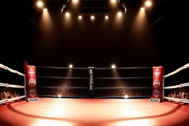 boxe ring with lights and ropes, boxe ring sol blanc coin rouge et sol blanc sol, fond d' Boardwalk Hall Atlantic City, Ring de boxe avec le sol blanc et les coins rouge, scene background Boardwalk Hall d'Atlantic City, toile de fond Boardwalk Hall Atlantic City, Boardwalk Hall in a boxe ring, boxe, boxe match, scene, projecteur, barre d'arrière-plan Boardwalk Hall Atlantic City, spot et projecteur au plafond comme fond dramatique, atmospheric perspective, glowing light, 8k, super detail, best quality, masterpiece