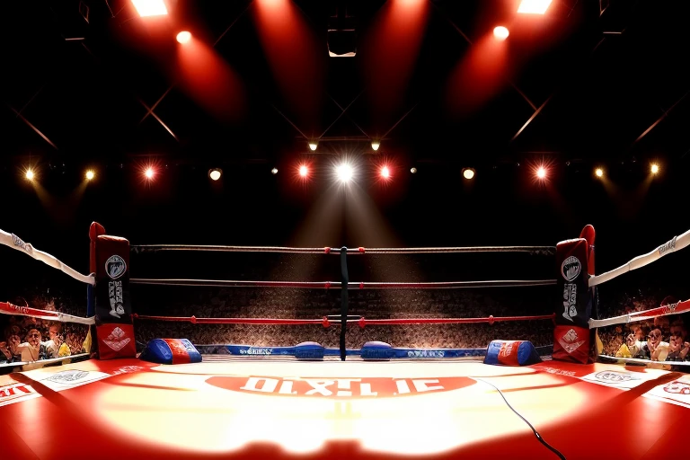 boxe ring with lights and ropes, boxe ring sol blanc coin rouge et sol blanc sol, fond d' Boardwalk Hall Atlantic City, Ring de boxe avec le sol blanc et les coins rouge, scene background Boardwalk Hall d'Atlantic City, toile de fond Boardwalk Hall Atlantic City, Boardwalk Hall in a boxe ring, boxe, boxe match, scene, projecteur, barre d'arrière-plan Boardwalk Hall Atlantic City, spot et projecteur au plafond comme fond dramatique, atmospheric perspective, glowing light, 8k, super detail, best quality, masterpiece