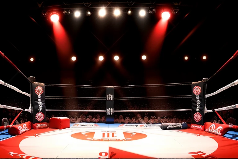 boxe ring with lights and ropes, boxe ring sol blanc coin rouge et sol blanc sol, fond d&#39;  Boardwalk Hall Atlantic City, Ring de boxe avec le sol blanc et les coins rouge, scene background  Boardwalk Hall d'Atlantic City, toile de fond  Boardwalk Hall Atlantic City,  Boardwalk Hall  in a boxe ring,  boxe, boxe match, scene,  projecteur, barre d&#39;arrière-plan Boardwalk Hall Atlantic City, spot et projecteur au plafond comme   fond dramatique, atmospheric perspective, glowing light, 8k, super detail, best quality, masterpiece