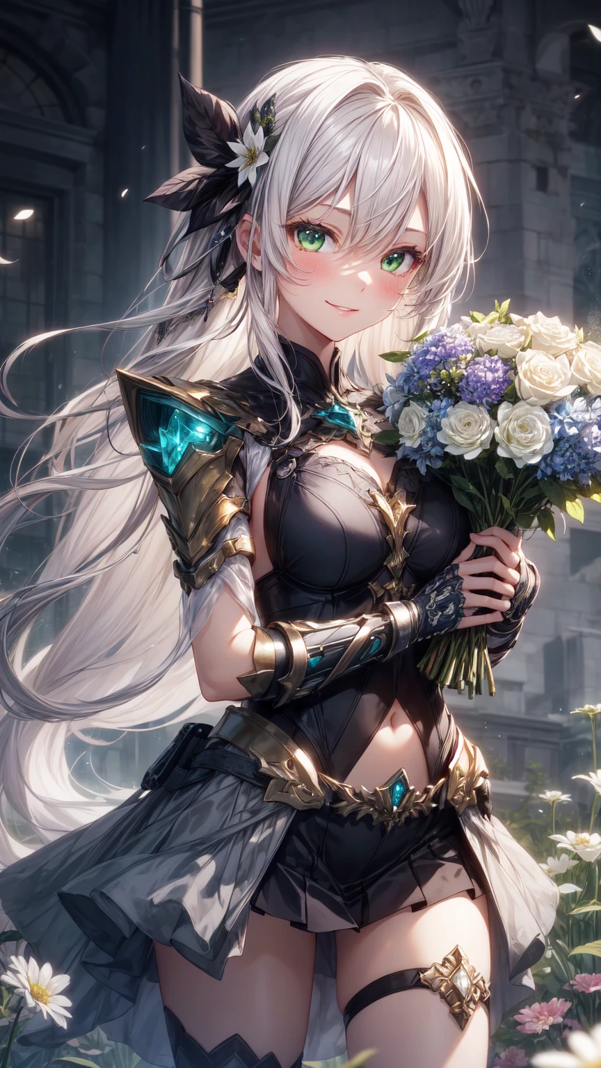 Be realistic,(masterpiece,highest quality,highest quality,Very detailed,Fractal Art,Most detailed,(Flower field background:1.5)(1 girl),Kamimei,(Hair length),(Green eyes glow、your breasts will grow,Stunned),crystallization,sexy、Machinery Armor、Sunburned skin、(Holding a bouquet of flowers in both hands:1.3)、break, (Holding a bouquet:1.3),(mini skirt)、A kind smile