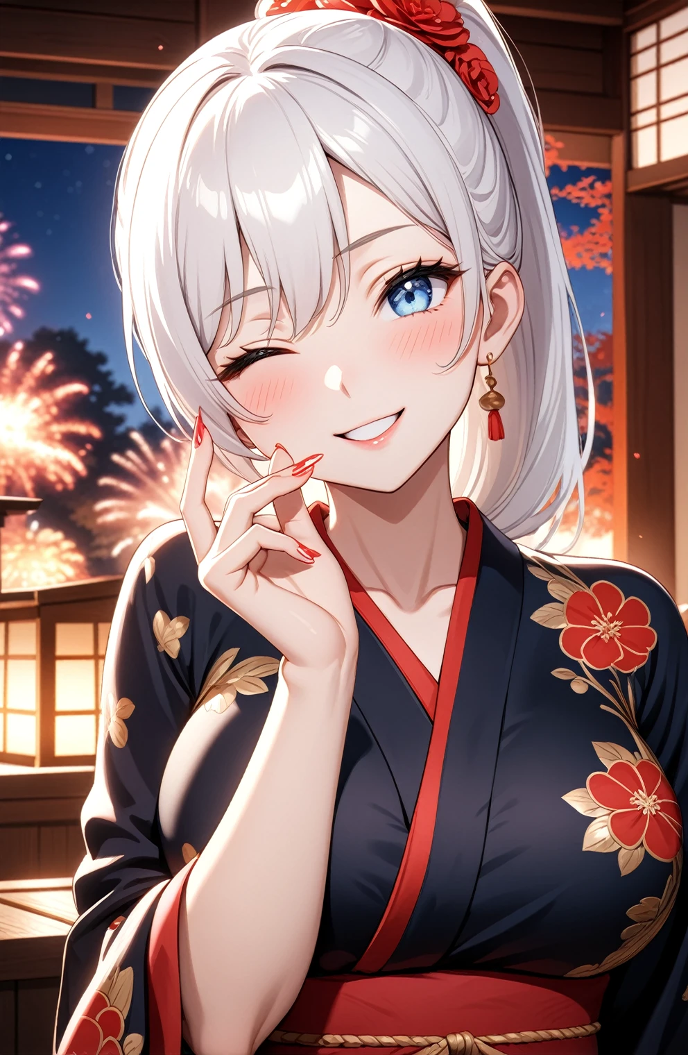 ((one personの女性)), Beautiful Face,Laugh shyly,((Wink:2.0)),Laughing with your mouth open,turn bright red,Glossy pink lips,night,Japanese-style room of the shrine,firework,((Anime style background)),masterpiece, highest quality, so beautiful, Latest, Complex details, (Pink long nails),AI-generated, Complex,High resolution, highest quality, super high quality,3D Images、View your viewers、3D Images,one person,Long white hair,High Ponytail,blue eyes,Anime woman posing for a photo, [[Fine grain、Colorful eyes、Shining Eyes:1.15]],(Squint your eyes:1.1),a hyperRealistic , hyperRealistic , Realistic,Anime woman with long and white hair, Smooth anime CG art, A woman in a colorful kimono with gold embroidery, (Black kimono),Red floral pattern,Long flower hair ornament,Big earrings,(Big Breasts:1.3),Mature Body,expensive,Big Ass,Fine details,Tight waist,Abdominal muscles,(Face close-up:1.5),(Tilt your face:1.8),Shooting from an angle,(blowing a kiss. They are making a kissing gesture with one hand)