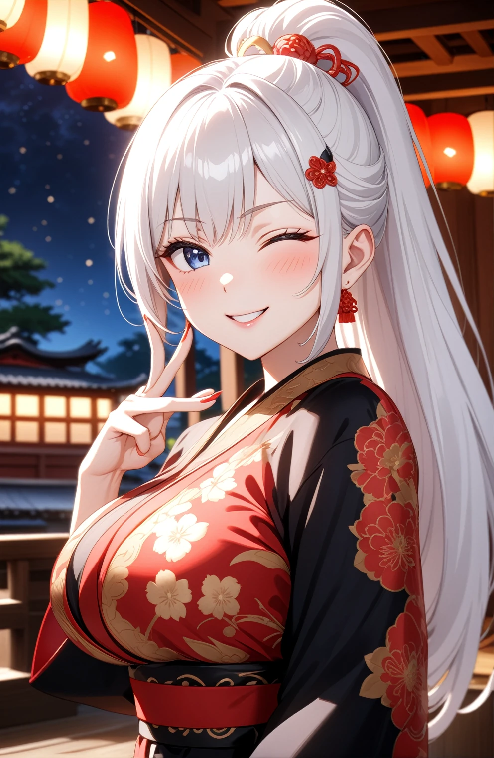 ((one personの女性)), Beautiful Face,Laugh shyly,((Wink:2.0)),Laughing with your mouth open,turn bright red,Glossy pink lips,night,Japanese-style room of the shrine,firework,((Anime style background)),masterpiece, highest quality, so beautiful, Latest, Complex details, (Pink long nails),AI-generated, Complex,High resolution, highest quality, super high quality,3D Images、View your viewers、3D Images,one person,Long white hair,High Ponytail,blue eyes,Anime woman posing for a photo, [[Fine grain、Colorful eyes、Shining Eyes:1.15]],(Squint your eyes:1.1),a hyperRealistic , hyperRealistic , Realistic,Anime woman with long and white hair, Smooth anime CG art, A woman in a colorful kimono with gold embroidery, (Black kimono),Red floral pattern,Long flower hair ornament,Big earrings,(Big Breasts:1.3),Mature Body,expensive,Big Ass,Fine details,Tight waist,Abdominal muscles,(Face close-up:1.5),(Tilt your face:1.8),Shooting from an angle,(blowing a kiss. They are making a kissing gesture with one hand)