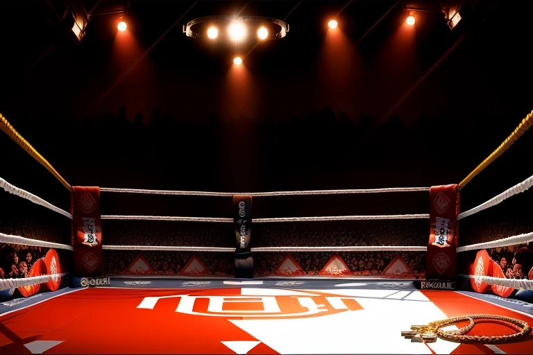 boxe ring with lights and ropes, boxe ring sol blanc coin rouge et sol blanc sol, fond d&#39;  Boardwalk Hall Atlantic City, Ring de boxe avec le sol blanc et les coins rouge, scene background  Boardwalk Hall d'Atlantic City, toile de fond  Boardwalk Hall Atlantic City,  Boardwalk Hall  in a boxe ring,  boxe, boxe match, scene,  projecteur, barre d&#39;arrière-plan Boardwalk Hall Atlantic City, spot et projecteur au plafond comme   fond dramatique, atmospheric perspective, glowing light, 8k, super detail, best quality, masterpiece