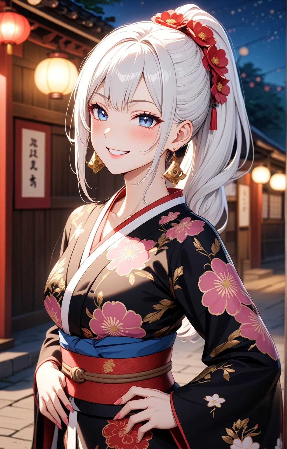 ((one personの女性)), Beautiful Face,Laughing in annoyance,((Wink:1.7)),Laughing with your mouth open,Bright red cheeks,Glossy pink lips,night,Shrine festival s高いs,((Anime style background)),masterpiece, highest quality, so beautiful, Latest, Complex details, (Pink long nails),AI-generated, Complex,High resolution, highest quality, super high quality,3D Images、View your viewers、3D Images,one person,Long white hair,High Ponytail,blue eyes,Anime woman posing for a photo, [[Fine grain、Colorful eyes、Shining Eyes:1.15]],(Squint your eyes:1.1),a hyperRealistic , hyperRealistic , Realistic,Anime woman with long and white hair, Smooth anime CG art, A woman in a colorful kimono with gold embroidery, (Black kimono),Red floral pattern,Long flower hair ornament,Big earrings,Mature Body,Tall,Big Ass,Fine details,Narrow waist,(Face close-up:1.5),Hands on hips,(Recurve your hips)