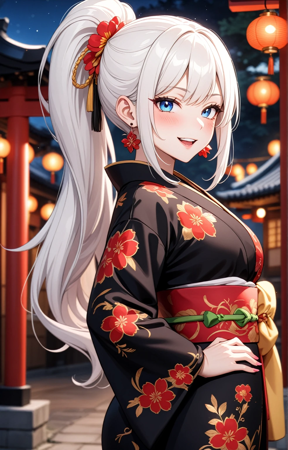 ((one personの女性)), Beautiful Face,Laughing in annoyance,((Wink:1.7)),Laughing with your mouth open,Bright red cheeks,Glossy pink lips,night,Shrine festival s高いs,((Anime style background)),masterpiece, highest quality, so beautiful, Latest, Complex details, (Pink long nails),AI-generated, Complex,High resolution, highest quality, super high quality,3D Images、View your viewers、3D Images,one person,Long white hair,High Ponytail,blue eyes,Anime woman posing for a photo, [[Fine grain、Colorful eyes、Shining Eyes:1.15]],(Squint your eyes:1.1),a hyperRealistic , hyperRealistic , Realistic,Anime woman with long and white hair, Smooth anime CG art, A woman in a colorful kimono with gold embroidery, (Black kimono),Red floral pattern,Long flower hair ornament,Big earrings,Mature Body,Tall,Big Ass,Fine details,Narrow waist,(Face close-up:1.5),Hands on hips,(Recurve your hips)
