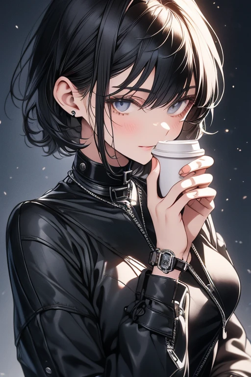 short hair,Slightly dark grey hair,Cafeの女性店員,mode,Long sleeve,Black V-neck outfit,Simple clothes,Cool Beauty,28 years old,A slight smile on your lips,Small mole under left lip,Cafe,Arched thin eyebrows,Gentle eyes,1 female,Carrying a coffee pot,highest quality,Five perfect fingers,A simple silver bracelet on her left wrist, A dark fantasy masterpiece with highly detailed and realistic visuals,Biker Girl,Off-road bikes,Black rubber gloves