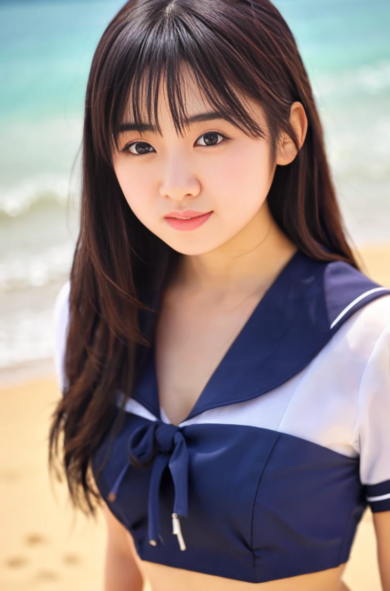 8k、Raw photo、highest quality、Japanese person model、Young Sensual Gravure Idol、A young and cute gravure idol、リアルなYoung Gravure Idol、Real fleshy gravure idol、Young Gravure Idol、A sophisticated gravure idol、Young and skinny gravure idol、The most beautiful Asian girls of all time、Sailor suit、Navy blue pleated mini skirt、Cleavage、Beach,Blur the background