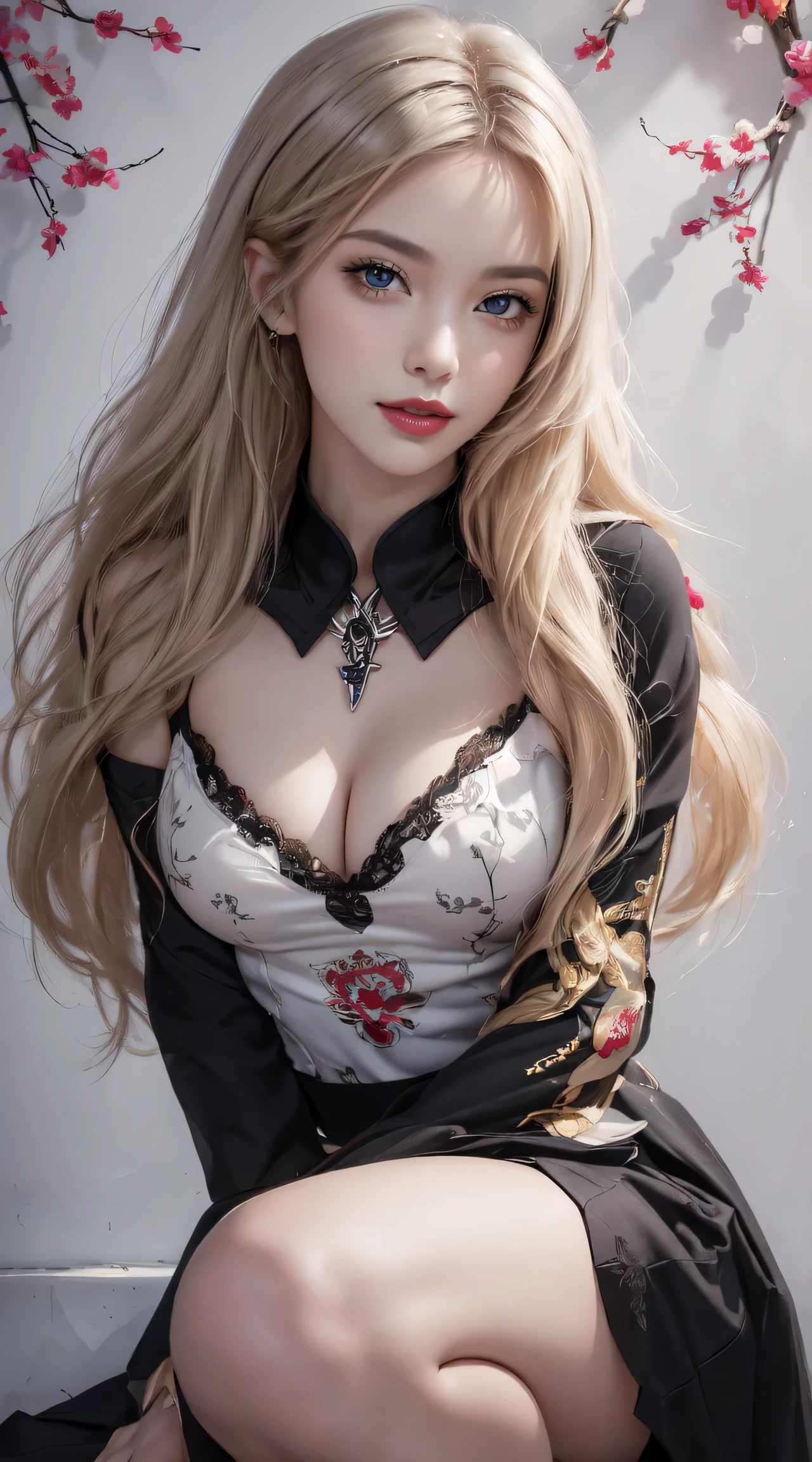 Large Breasts,Colorful clothes, ((yushuxin,1 girl,solitary)),(((miss))), (((Better quality))), (((masterpiece))), (((aldult))), (((1 girl))), Full breasts, Cleavage, Very thin legs, Cleansing the skin, Simon Beasley (Simon Beasley), Nude color shows wild urban style, Long blond hair, Minimum dress code, The left arm has metal protection,Have complex graphics, scarlet,With white stars and black and white spots, full of thorns, (((Start above the knees))), WhiteLong blond hair, Shepard Fairey (Shepard Fairey) Painted background wall,Complex design