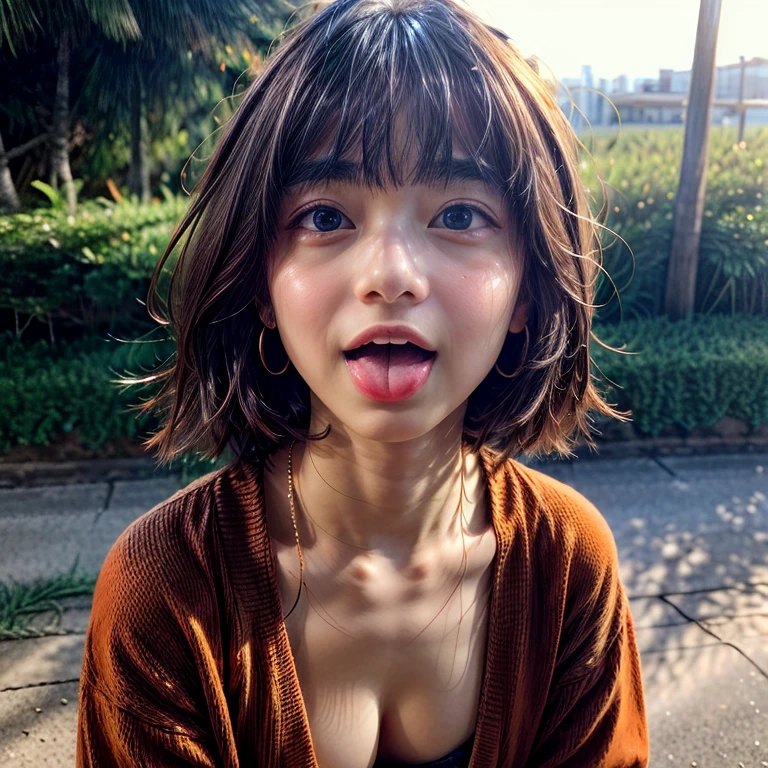Extremely KAWAII Tiny girl、Tropical Beach、evening、Stroll along the beach、(Gazing at the colorful sunset)、(Orange rays illuminating face, close-up:1.7)、open_mouth, (((Extremely detailed NOGIZAKA face))), perfect anatomy, Childish, captivating gaze, elaborate detailed Eyes with (sparkling highlights:1.2), long eyelashes、Glossy RED Lips with beautiful details, Coquettish tongue, Rosy cheeks, (Radiant natural skin) with clear transparency . { (Dynamic joyful expressions) | :d) }, Random hair color .
