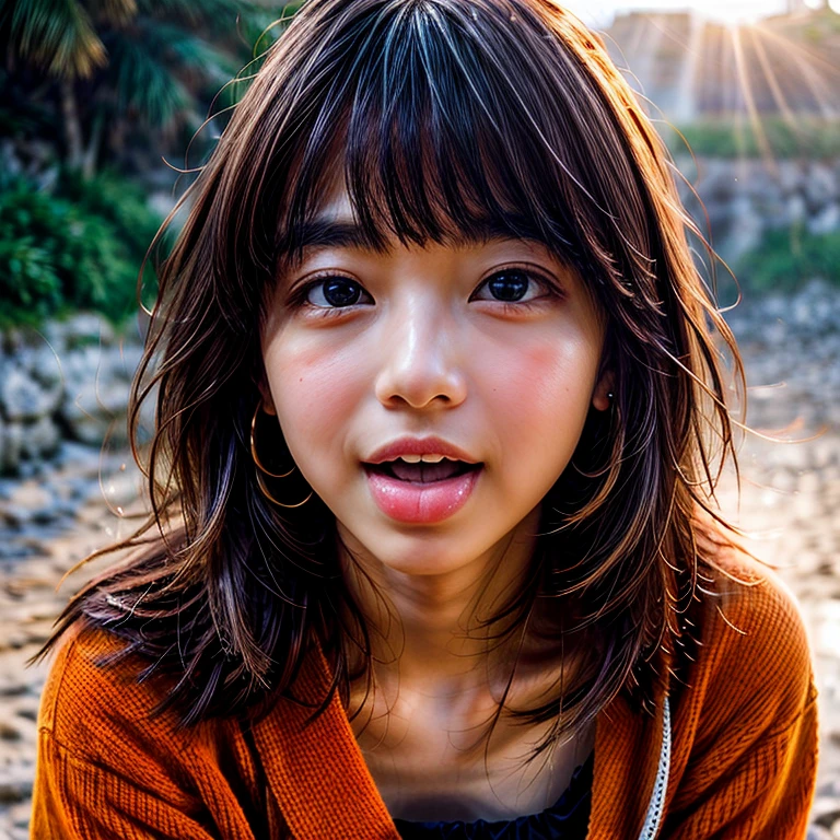 Extremely KAWAII Tiny girl、Tropical Beach、evening、Stroll along the beach、(Gazing at the colorful sunset)、(Orange rays illuminating face, close-up:1.7)、open_mouth, (((Extremely detailed NOGIZAKA face))), perfect anatomy, Childish, captivating gaze, elaborate detailed Eyes with (sparkling highlights:1.2), long eyelashes、Glossy RED Lips with beautiful details, Coquettish tongue, Rosy cheeks, (Radiant natural skin) with clear transparency . { (Dynamic joyful expressions) | :d) }, Random hair color .