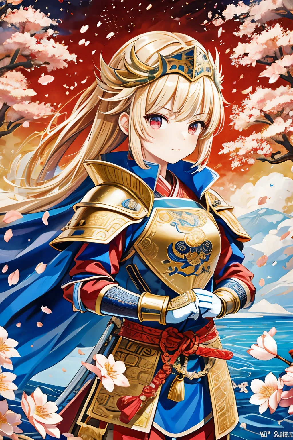 Solitary, 1 girl, Keep, arms, , sword, cape, armor, warrior刀, helmet, Gloves, sheath, japanese armor, full armor, warrior，Cherry Blossoms，Cherry blossom petals flying background（（（masterpiece）））， （（best quality））， （（Intricate details））（8K）