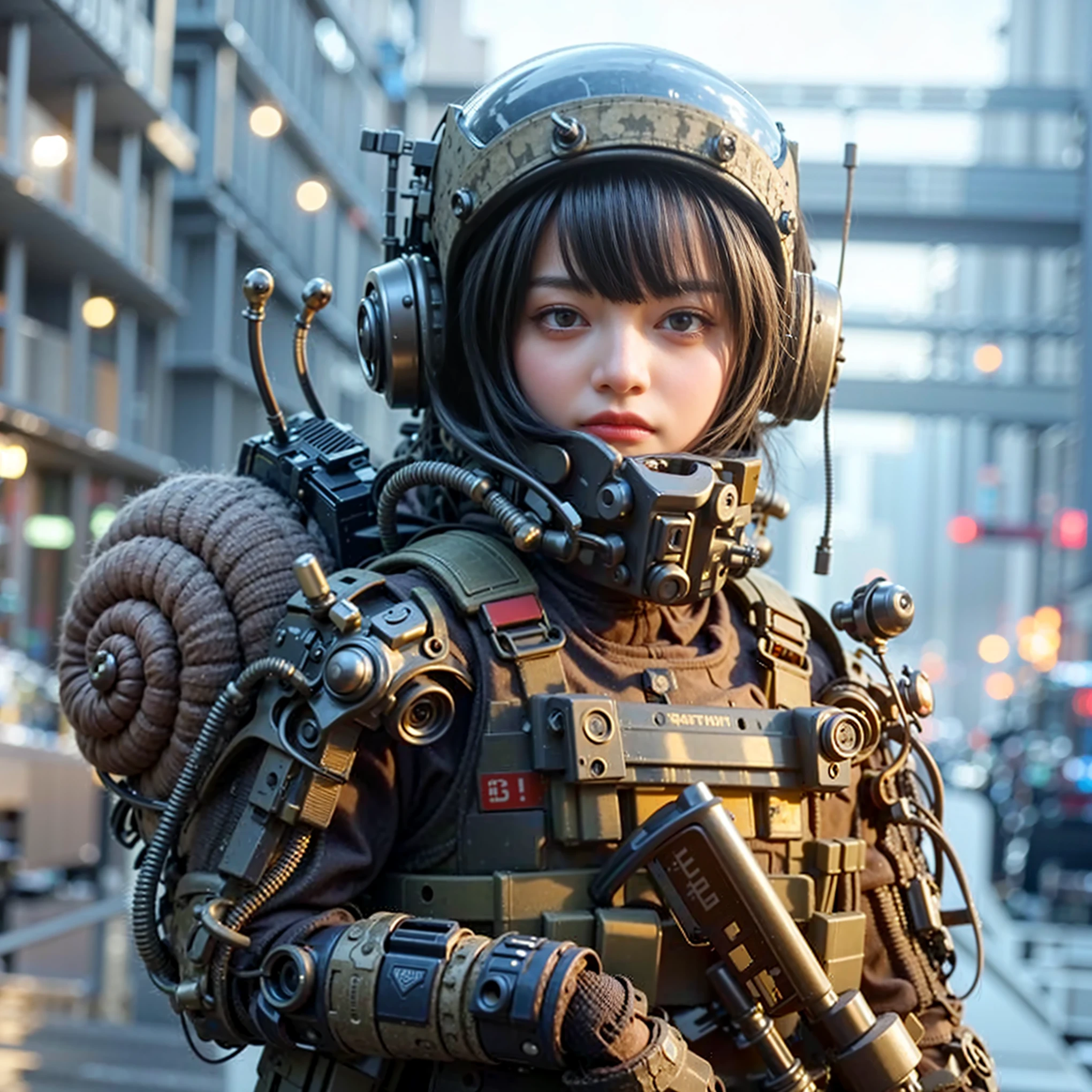(Masterpiece, Best Quality: 1.2), (8K UHD, 16K, 32K, Ultra High Resolution), (Photorealistic: 1.37), (RAW Photo), Ultimate Reality, Ultimate Realistic Detail, Ultimate Realistic Texture , extremely intricate details (mechanical armor fused with a snail), power pipes, easy to understand, extremely intricate details, Japanese female soldier wearing mechanical armor, extremely cute face, extremely beautiful face, realistic, Full body shot, shot from the dawn of a secret base, cyberpunk