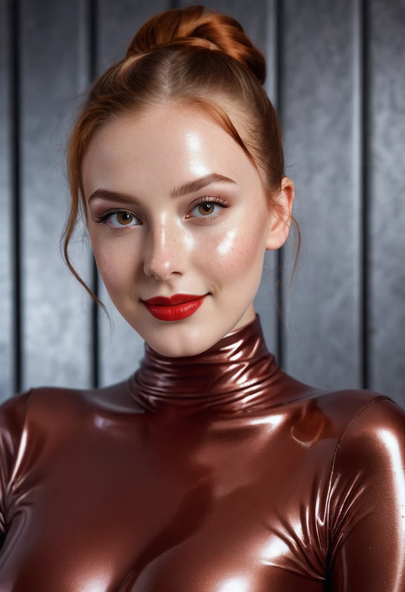 hyperrealistic beautiful busty 20-year-old woman with long legs wearing tiny ultra shiny metallic onepiece cutout swimsuit, model shooting full body photography, natural redhead classic bun, freckles, soaky wet skin, dark eye makeup with eyeliner, seductive smile, red lips, small necklace, 8K, Best quality, Meisterwerk, ultra high resolution, (Realismus: 1.4), Originalfoto, (realistische Hautstruktur: 1.3), (Filmkorn: 1.3), (Selfie-Winkel), 1 girl, Beautiful round hazel eyes and facial details, Meisterwerk, Best quality, indoor photography in front of a shiny leather wall, nsfw
