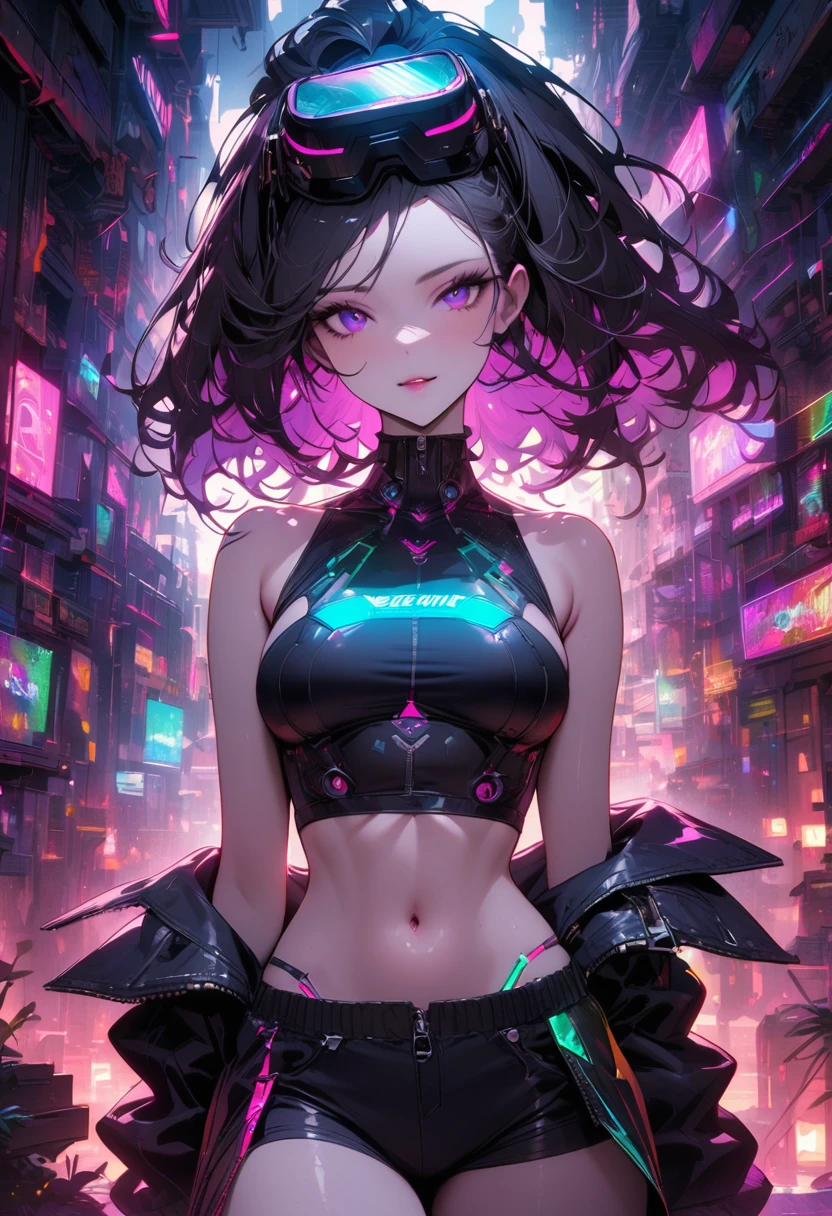 beautiful cyberpunk girl wearing a Futuristic head mounted display, (Delicate skin), Pale skin, (in a deep neckline highly detailed sexy Futuristic cyberpunk black crop top and underpants made of circuit boards, Cybernetics, Japanese words with glitter effect, Beautiful epic work, Futuristic, masterpiece, Sensual, is attractive, group photo