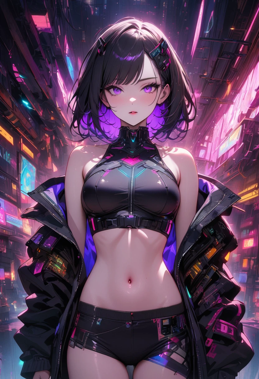 beautiful cyberpunk girl wearing a Futuristic head mounted display,  (Delicate skin), Pale skin, (in a deep neckline highly detailed sexy Futuristic cyberpunk black crop top and underpants made of circuit boards, Cybernetics, Japanese words with glitter effect, Beautiful epic work, Futuristic, masterpiece, Sensual, is attractive, group photo