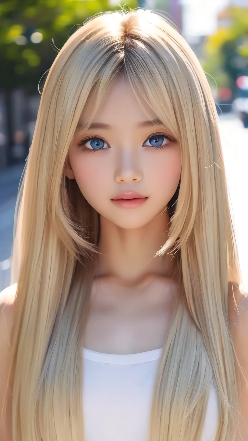 Shiny, clear, white skin、The blonde hair blowing in the wind falls over her pretty face、Colossal、Cute aged 16、Beautiful super long straight hair that stands out、Very bright, big eyes that shine so beautifully、Cute long silky bangs covering her eyes, Hair that covers the face, super long hair、Sexy cute young woman、Long natural blonde shiny hair、Small Face Beauty、Round face
