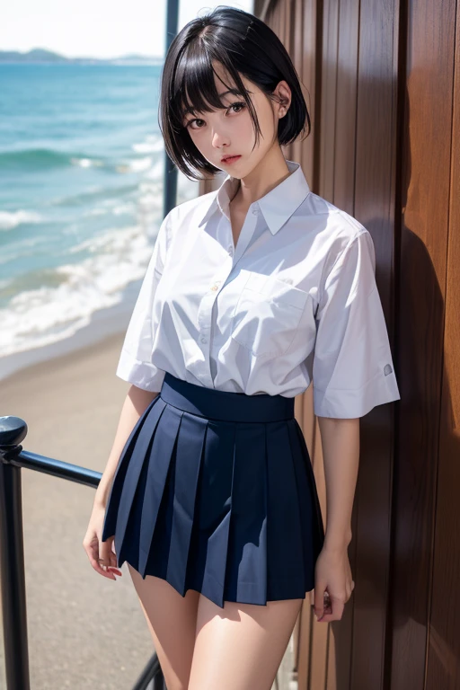 32k，Complex，Very detailed，Digital photography，Black Hair Semi-Long、Wear a white collared button-up shirt、Wear a navy blue short box pleated skirt、CBR400Rに乗る、Ride along the coastline、Japanese women