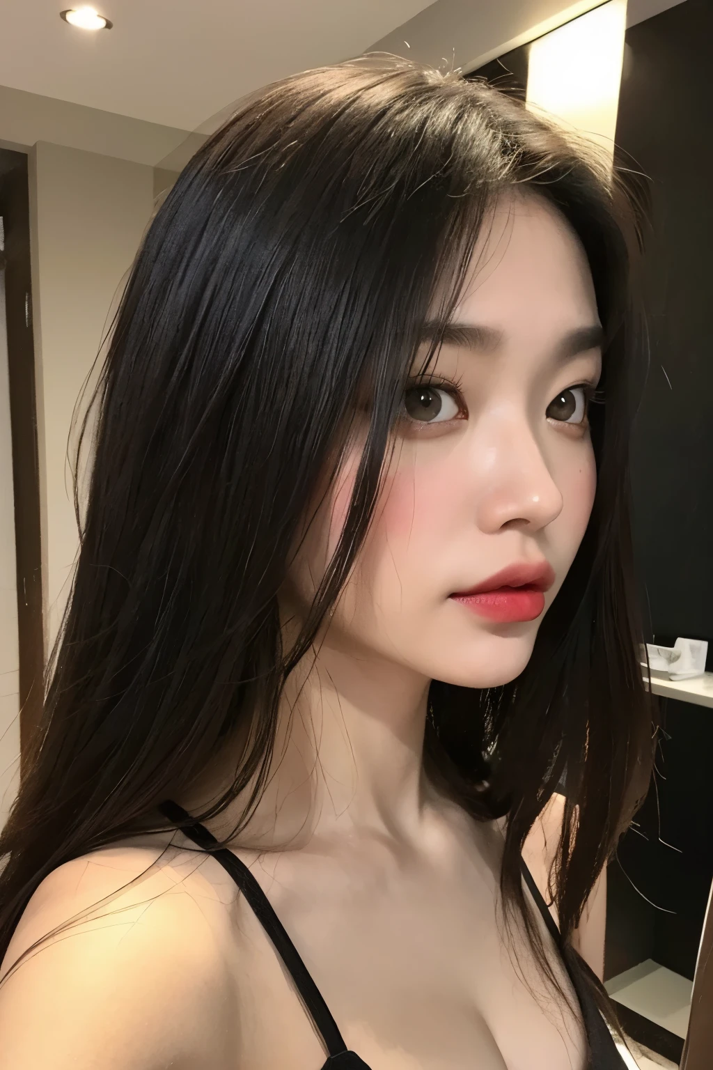 Japanese, Asian femme fatale: 1.4, Raven-haired, midnight-eyed: 1.3, Strikingly beautiful woman: 1.4, Sexy, attractive, and voluptuous: 1.5, Alluring and enticing: 1.4, Vibrant and radiating charm: 1.5, Flawless and porcelain-skinned: 1.3, Red-lipped and captivating: 1.4, Long-haired, with a cascade down to her waist: 1.2, Revealing and form-fitting: 1.3, Low-cut and off-the-should