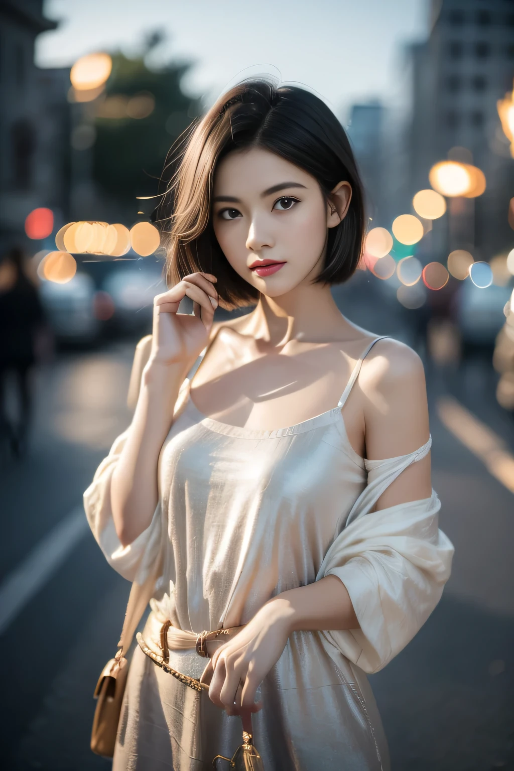 (Half-length photo,Street Lights,moon),masterpiece, 1 girl, Solo Exhibition, Beautiful woman on busy street, There are vendors all around, Beautiful goddess girl portrait, Beautiful and delicate face, Porcelain skin, (((Half-length photo, center, night, Black Hair, short hair)), Super soft light, symmetry, complicated, grace, High Detail, realism, Art, concept Art,