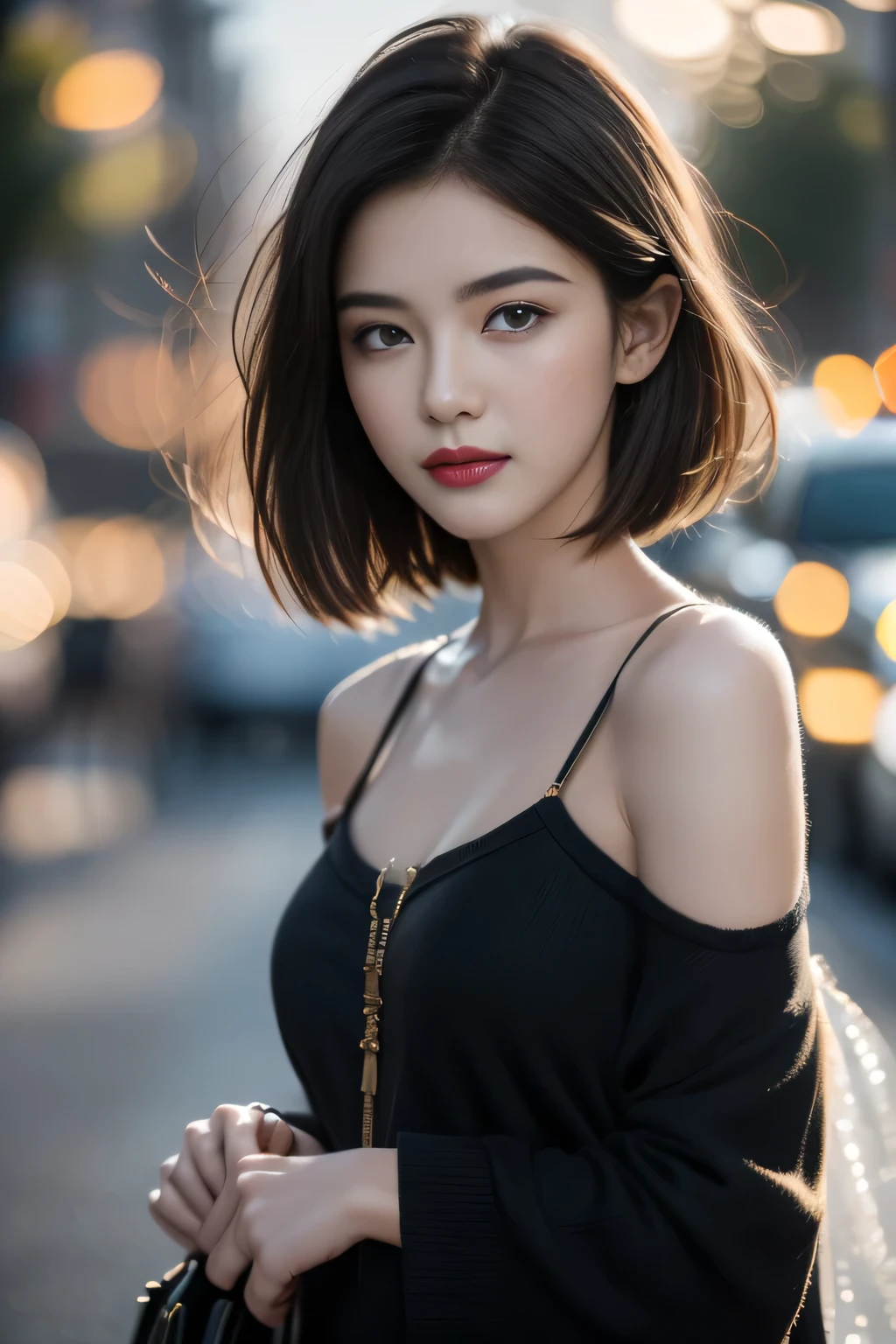(Half-length photo,Street Lights,moon),masterpiece, 1 girl, Solo Exhibition, Beautiful woman on busy street, There are vendors all around, Beautiful goddess girl portrait, Beautiful and delicate face, Porcelain skin, (((Half-length photo, center, night, Black Hair, short hair)), Super soft light, symmetry, complicated, grace, High Detail, realism, Art, concept Art,